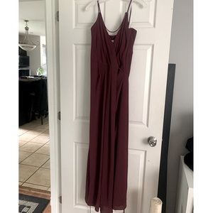 David’s Bridal double-strap long draped bodice bridesmaid dress in Wine